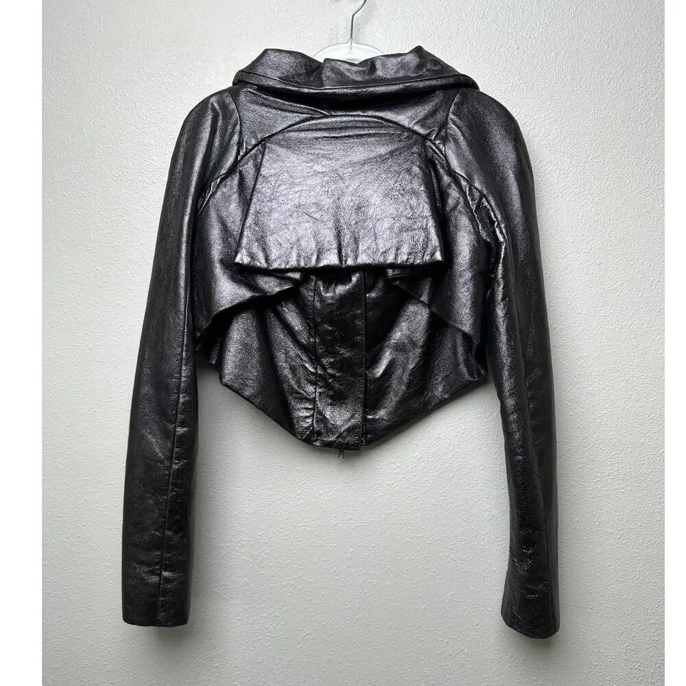 Gareth Pugh gunmetal calf leather cropped jacket women’s 10 draped zip - Picture 8 of 16